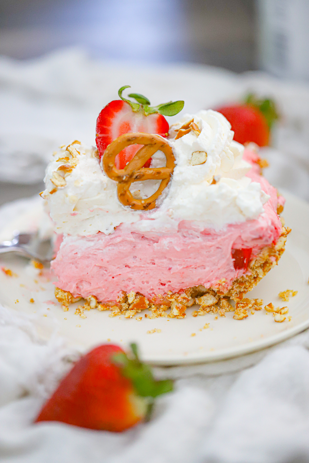 Fluffy Strawberry Rhubarb Cream Pie with a Pretzel Crust