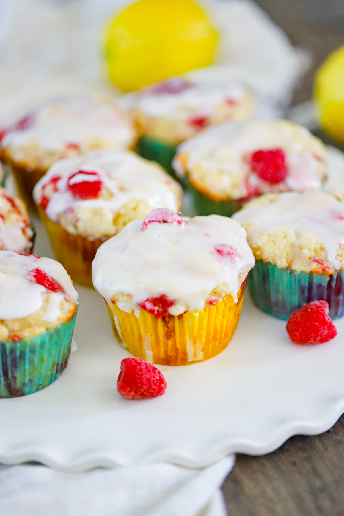 lemon raspberry muffin recipe with Greek yogurt and a luscious glaze