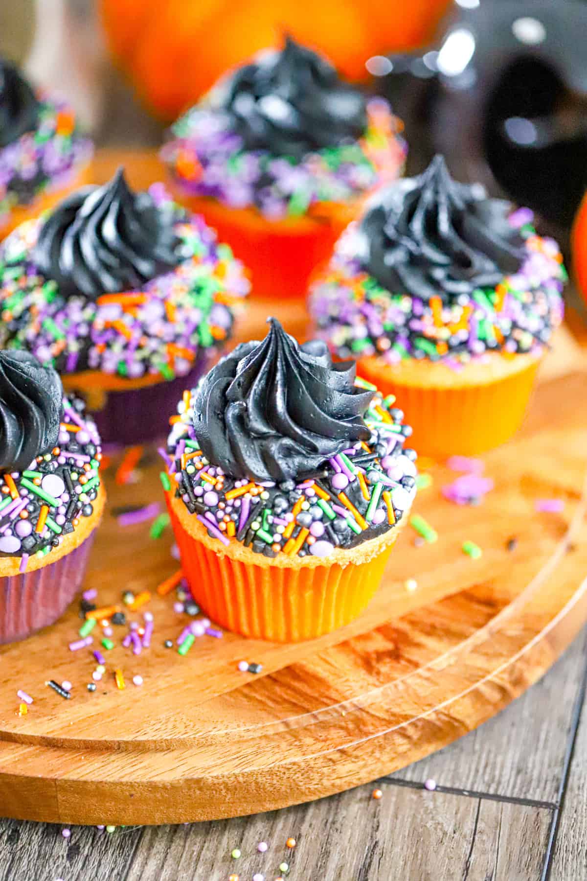 Easy Decorated Halloween Cupcakes recipe black frosting and sprinkles orange cake mix ideas