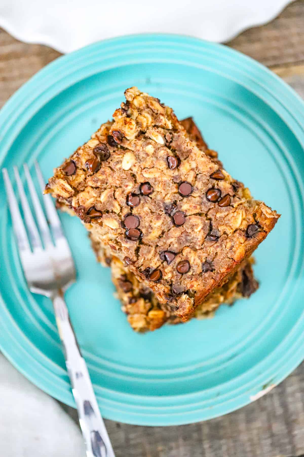 Divine Banana Chocolate Chip Baked Oatmeal recipe healthy, vegan, protein-packed with fiber