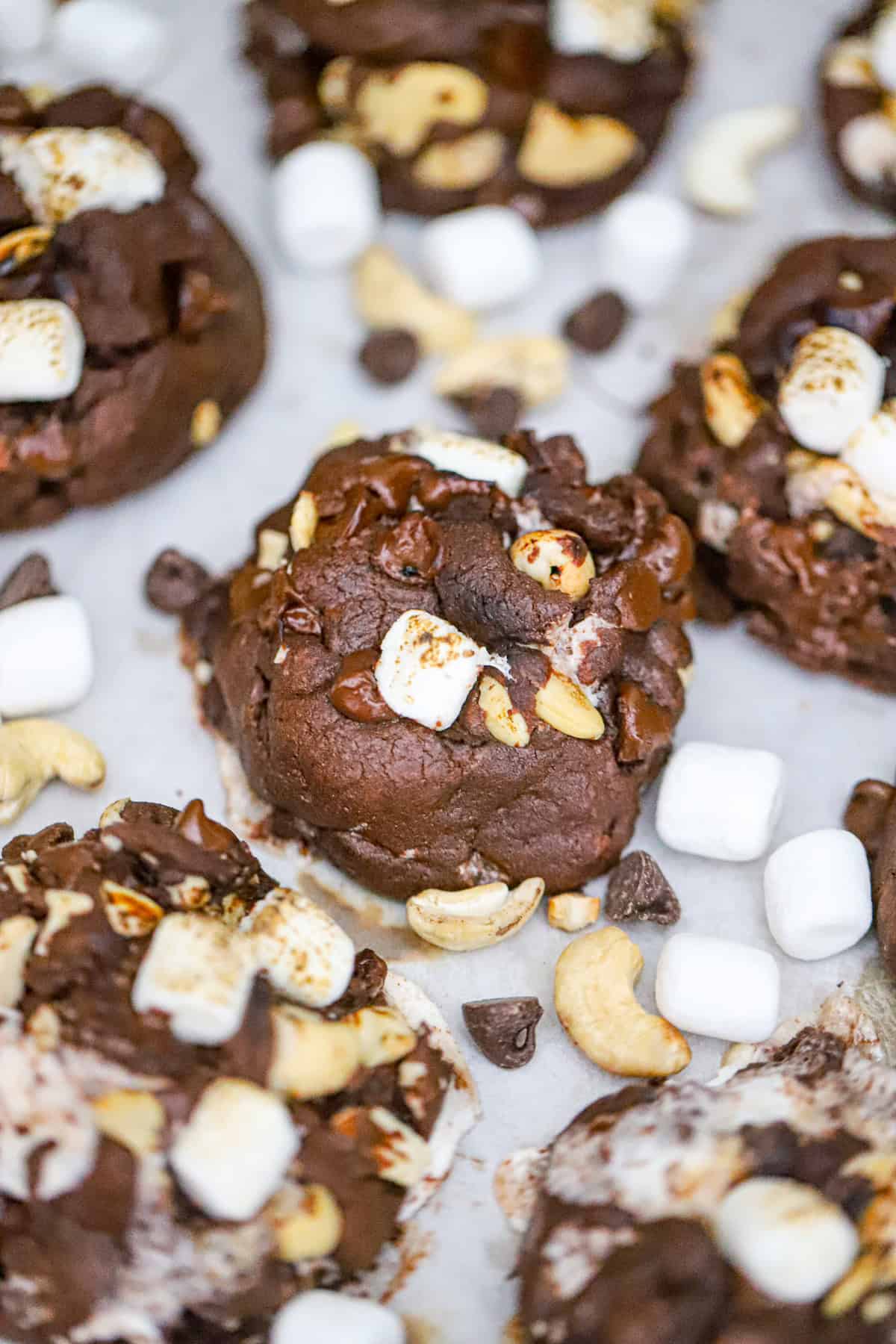 Ultimate thick Levain Rocky Road Cookies recipe with marshmallow, nuts and chocolate chips