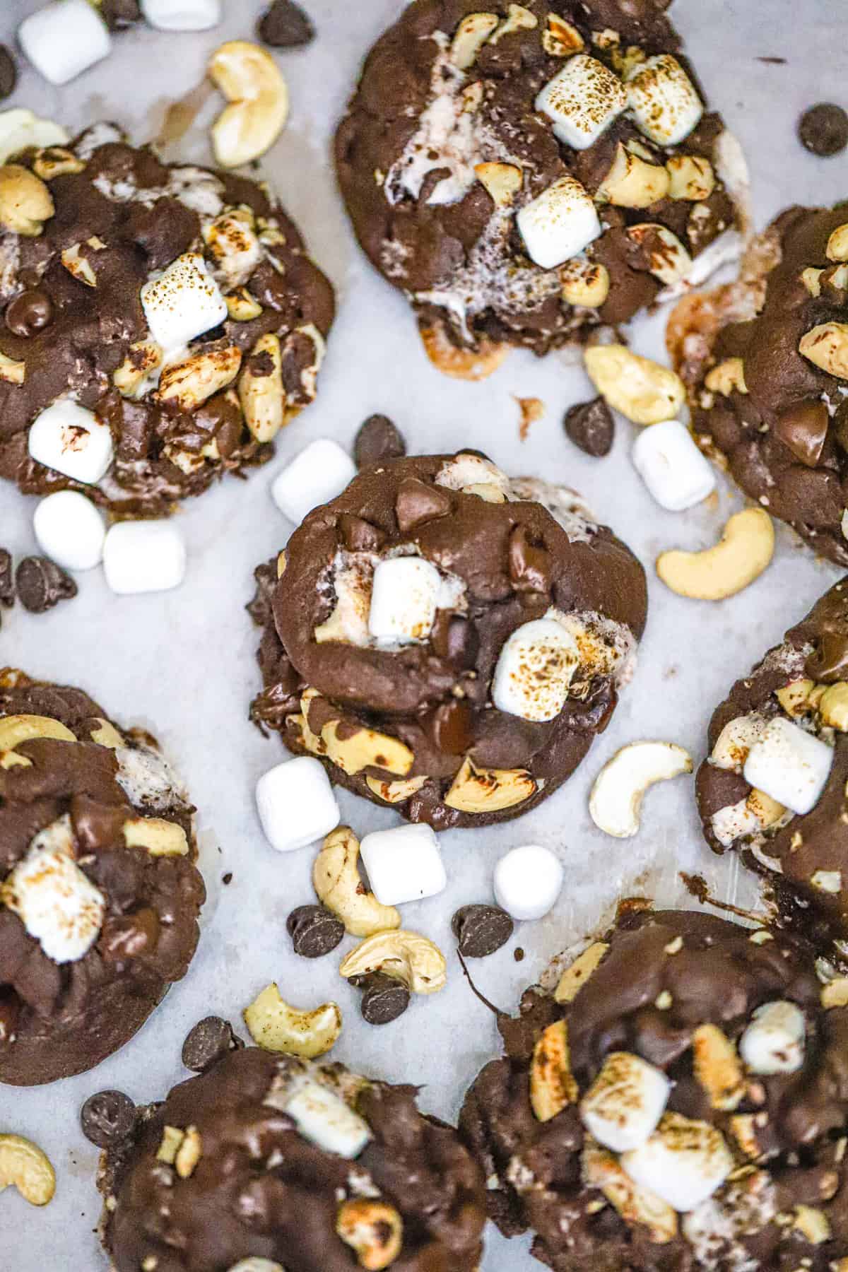 Ultimate thick Levain Rocky Road Cookies recipe with marshmallow, nuts and chocolate chips