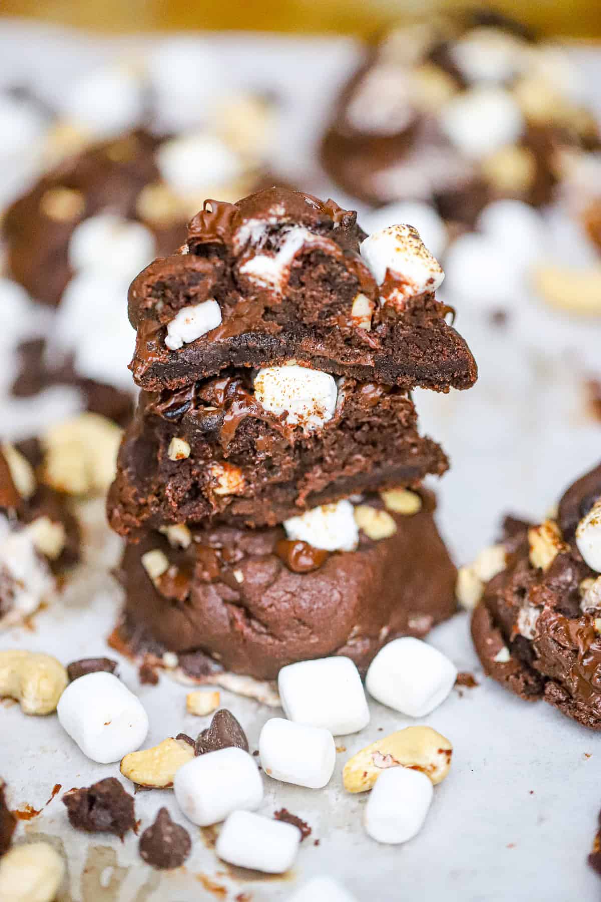 Ultimate thick Levain Rocky Road Cookies recipe with marshmallow, nuts and chocolate chips